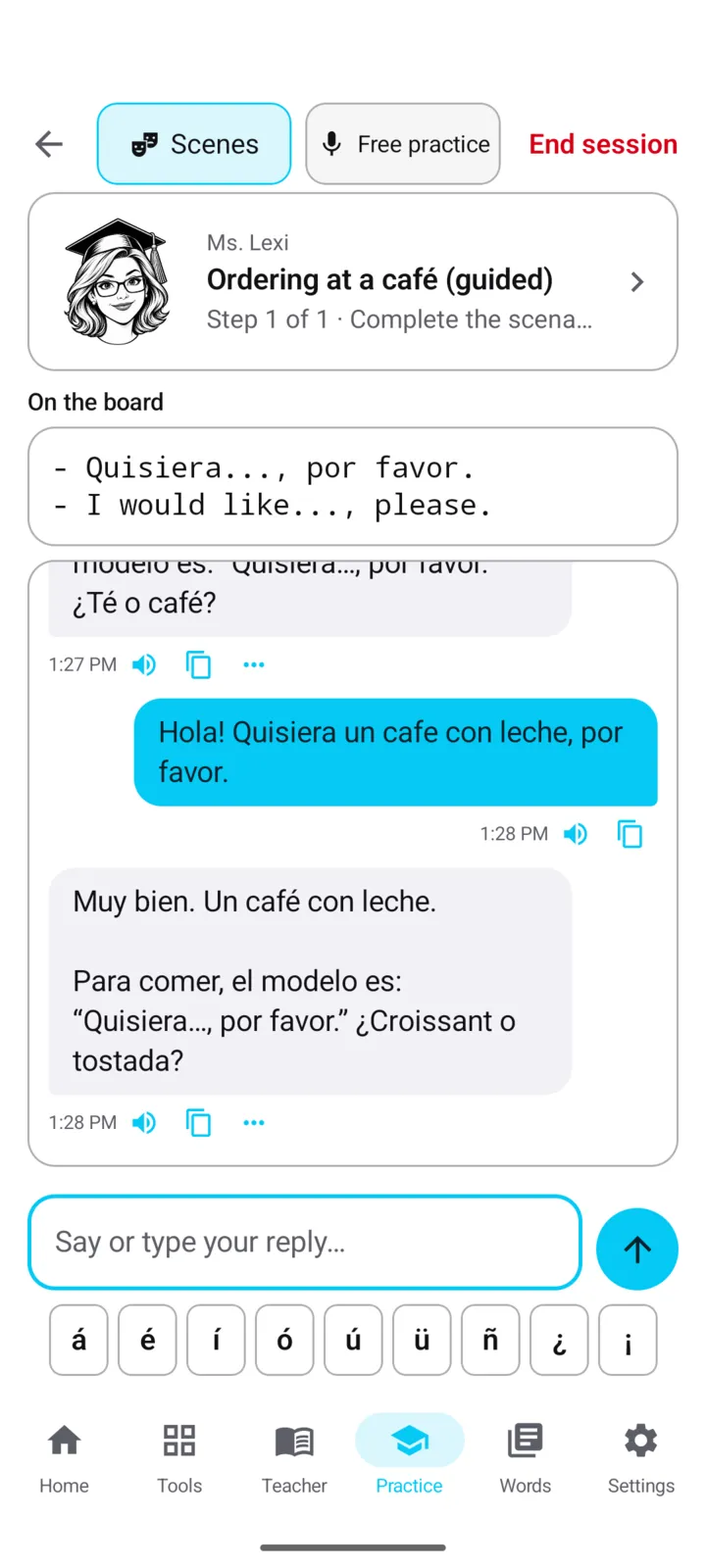 Situasi latihan di aplikasi RadLinguist: memesan di kafe bersama guru